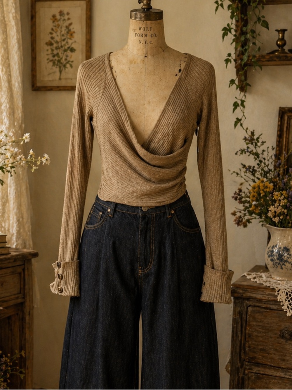 Maeve By Anthropologie Wrap Style Long Sleeve, Beige Ribbed Sweater Top